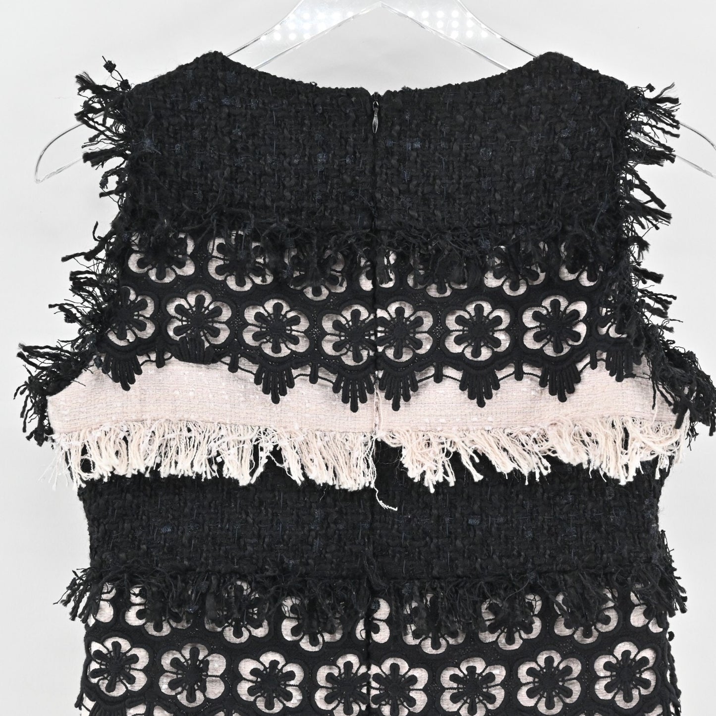 BOSTON PROPER Tweed Dress Size 2 Color Block Sleeveless Floral Fringe Mini Retro