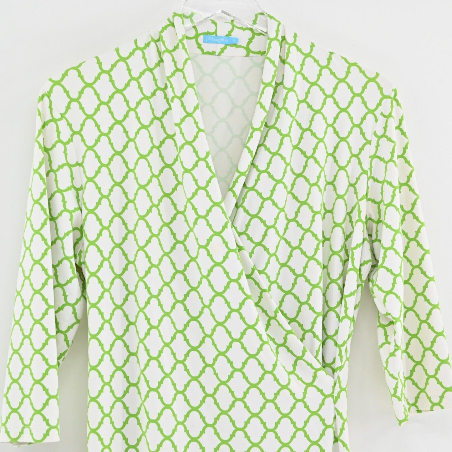 J MCLAUGHLIN Dress Size M Catalina Cloth Green White Faux Wrap Trellis Print