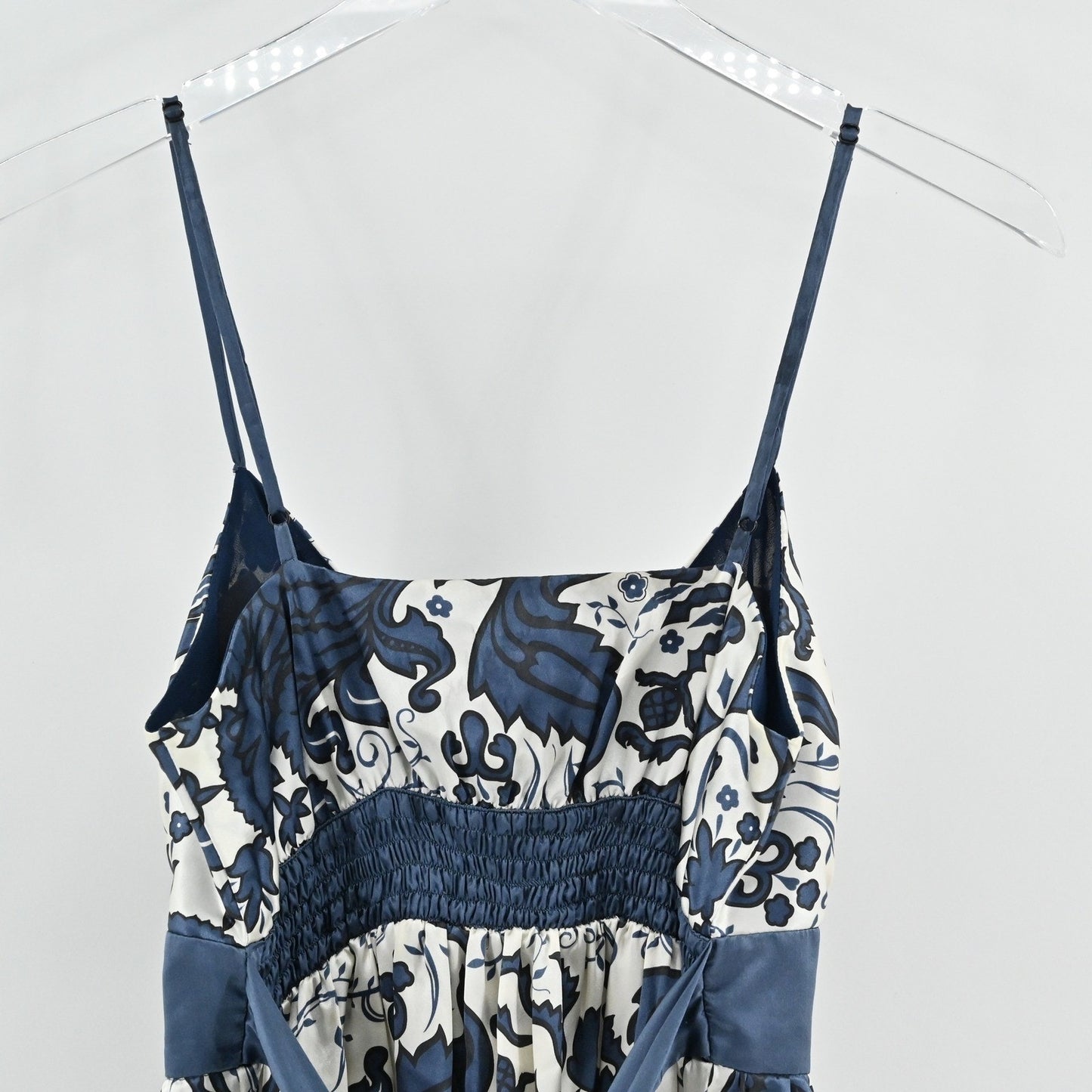Vtg Y2k Silk Micro Mini Dress Size S Babydoll Blue White Floral Smocked Sundress