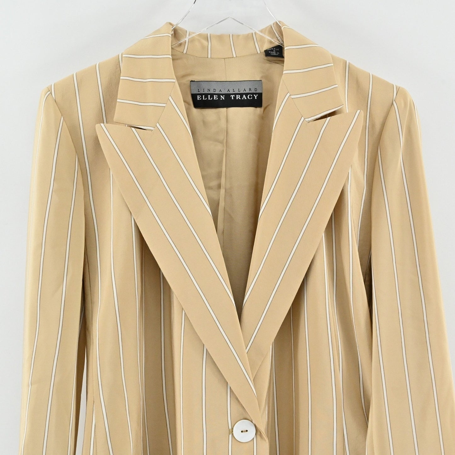 Linda Allard Ellen Tracy Womens Silk Blazer Size 2 Striped Tan Long Line Career