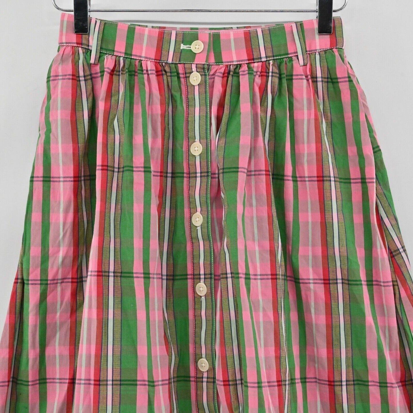 J CREW Skirt Sz 00 Pink Green Plaid Organic Cotton Blend Button Front Midi Retro