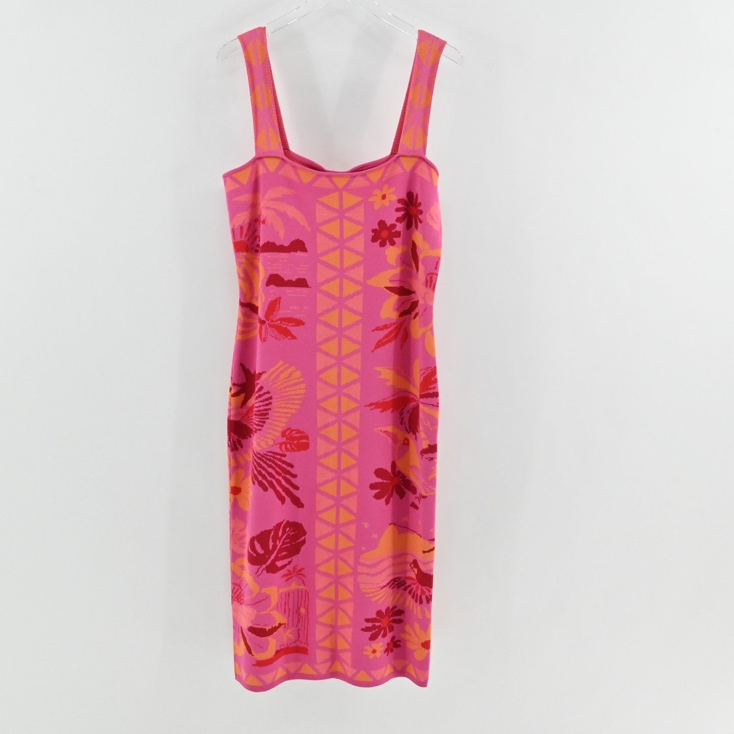 Farm Rio Square Neck Sweater Dress Size XL Sleeveless Midi Pink Tropical Floral