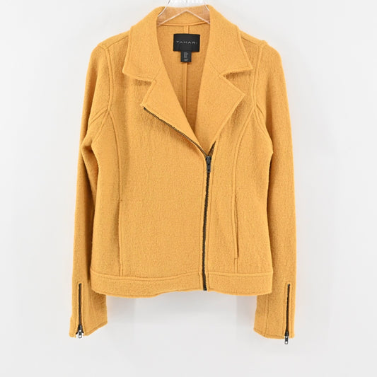 TAHARI Jacket Womens Sz S Yellow Wool Blend Boucle Asymmetrical Moto Zip Up
