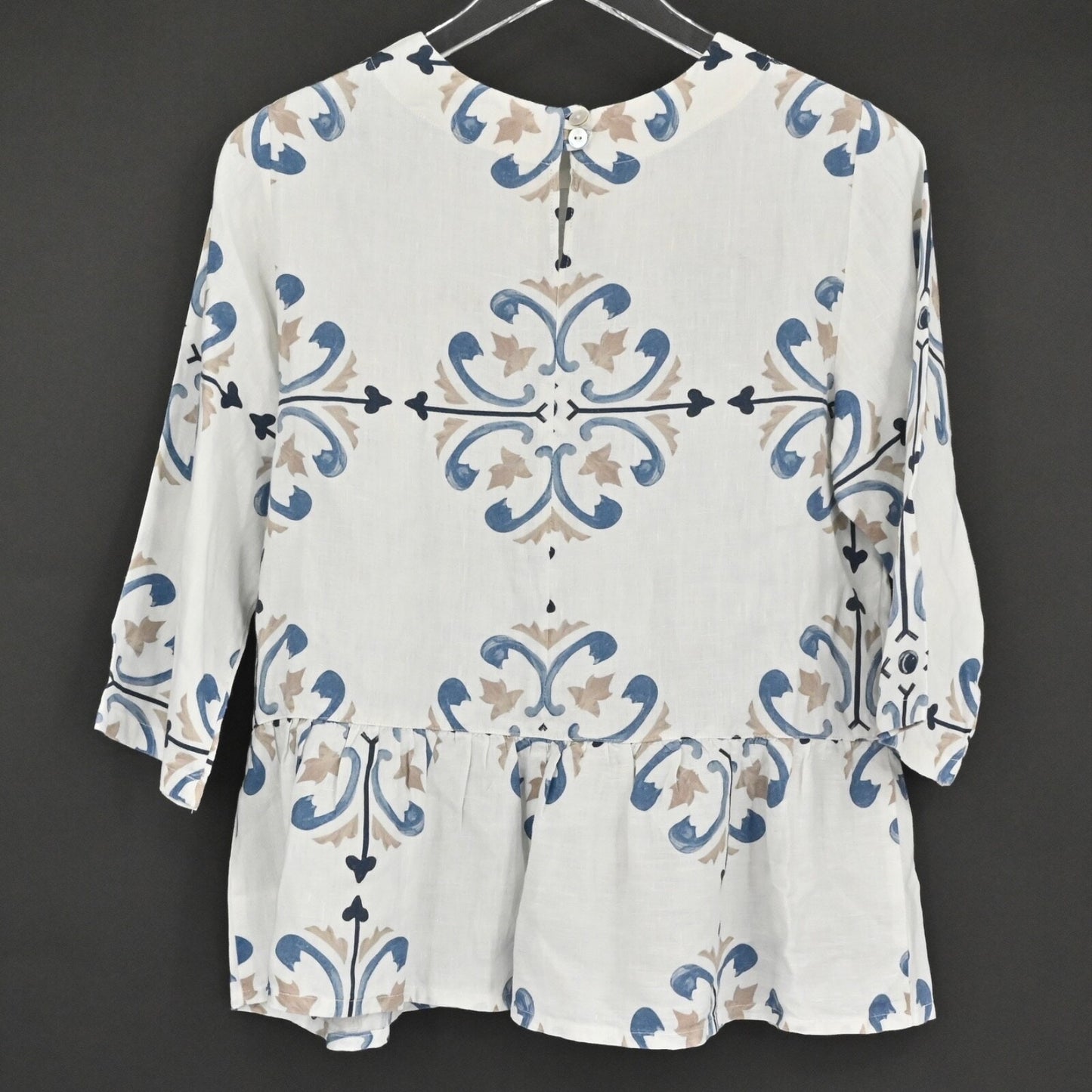 MARIO ROMANO Womens Linen Top Size M Peplum White Blue Boho Italy Breathable