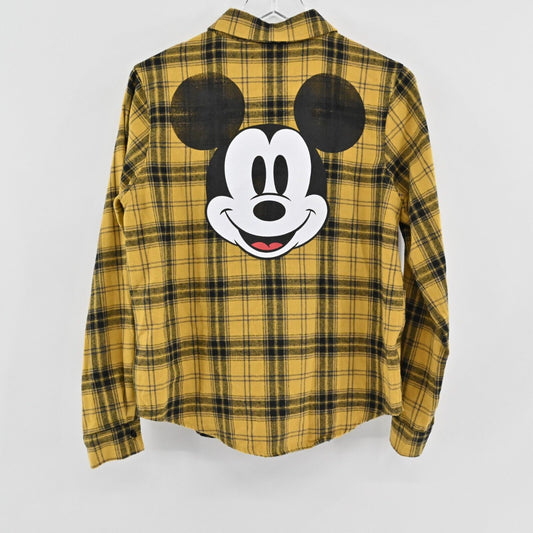 DISNEY Top Womens Size XS Yellow Plaid Mickey Mouse Graphic 100% Cotton Flannel