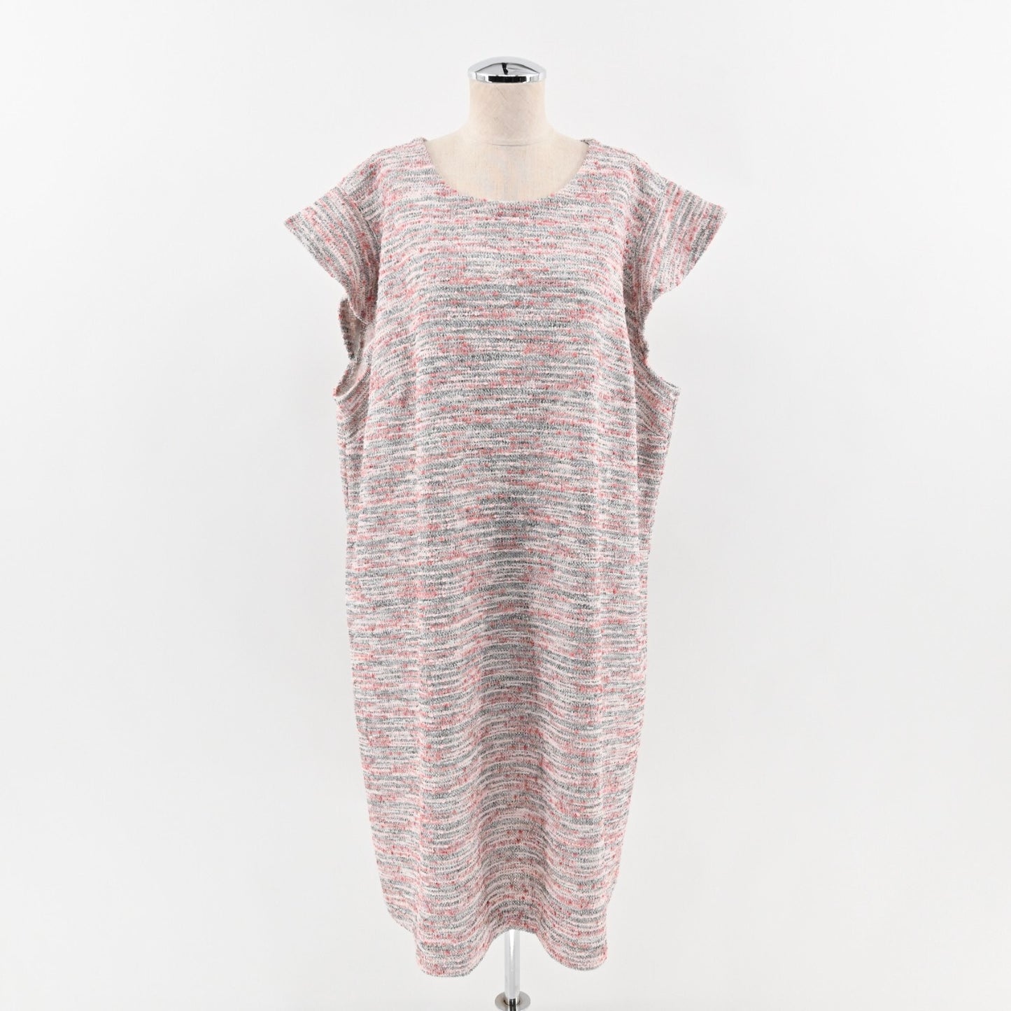 LOFT Dress Size 26 Pink White Textured Tweed Ruffle Sleeve Relaxed Shift NEW