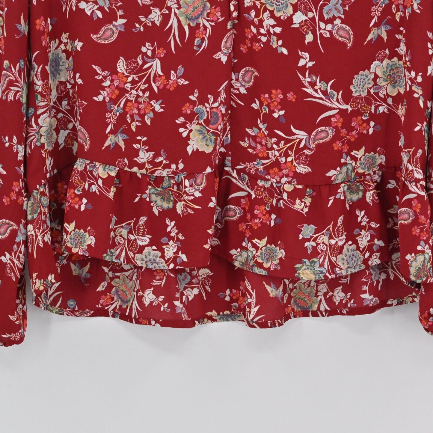 LOFT Top Womens Size XS Red Floral Tie V-Neck Blouse Ruffle Hem Balloon Sleeve