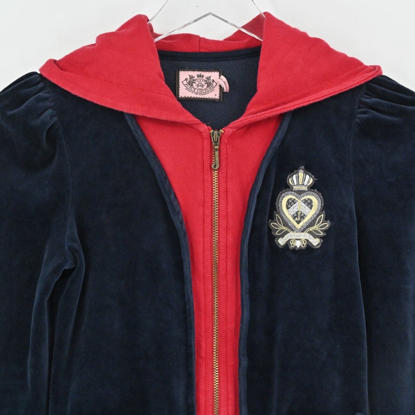 Y2k JUICY COUTURE Velour Track Jacket Womens Sz XS Navy Puff Sleeve Embroidered