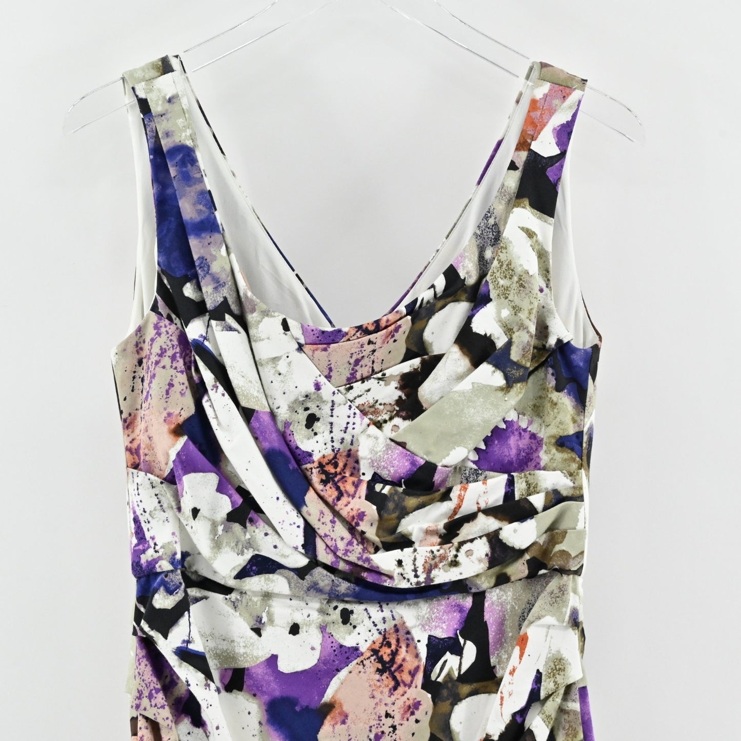 Suzi Chin Floral Pleated Sleeveless Dress Sz 14 Garden Party Ruched Square Neck