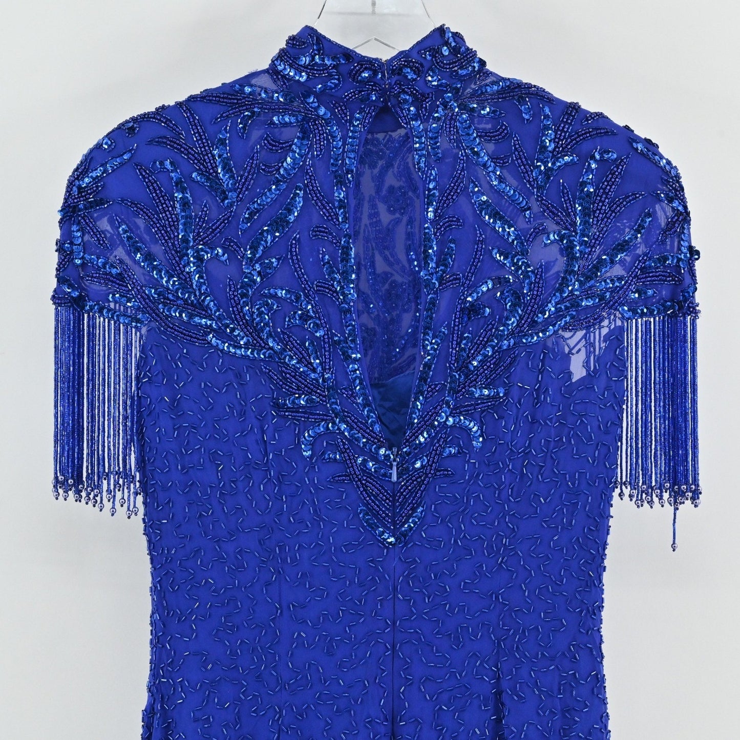 Vtg 80s Niteline Silk Beaded Sequin Dress Size 6 Blue Cocktail High Neck Fringe