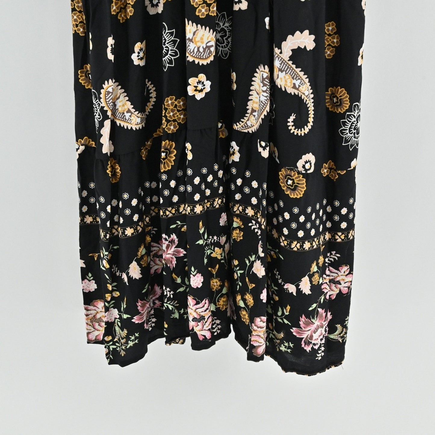 Anthropologie Kindred Floral Paisley Dress Size L Bohemian Smocked Waist Black