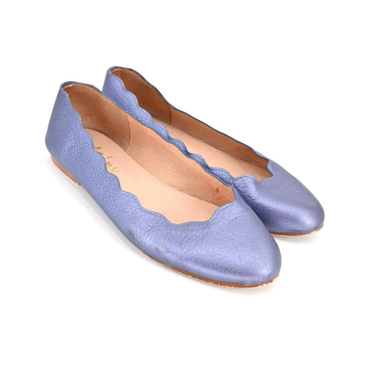FRENCH SOLE Flats Womens Sz 7B Jigsaw Metallic Purple Leather Scallop Trim FSNY