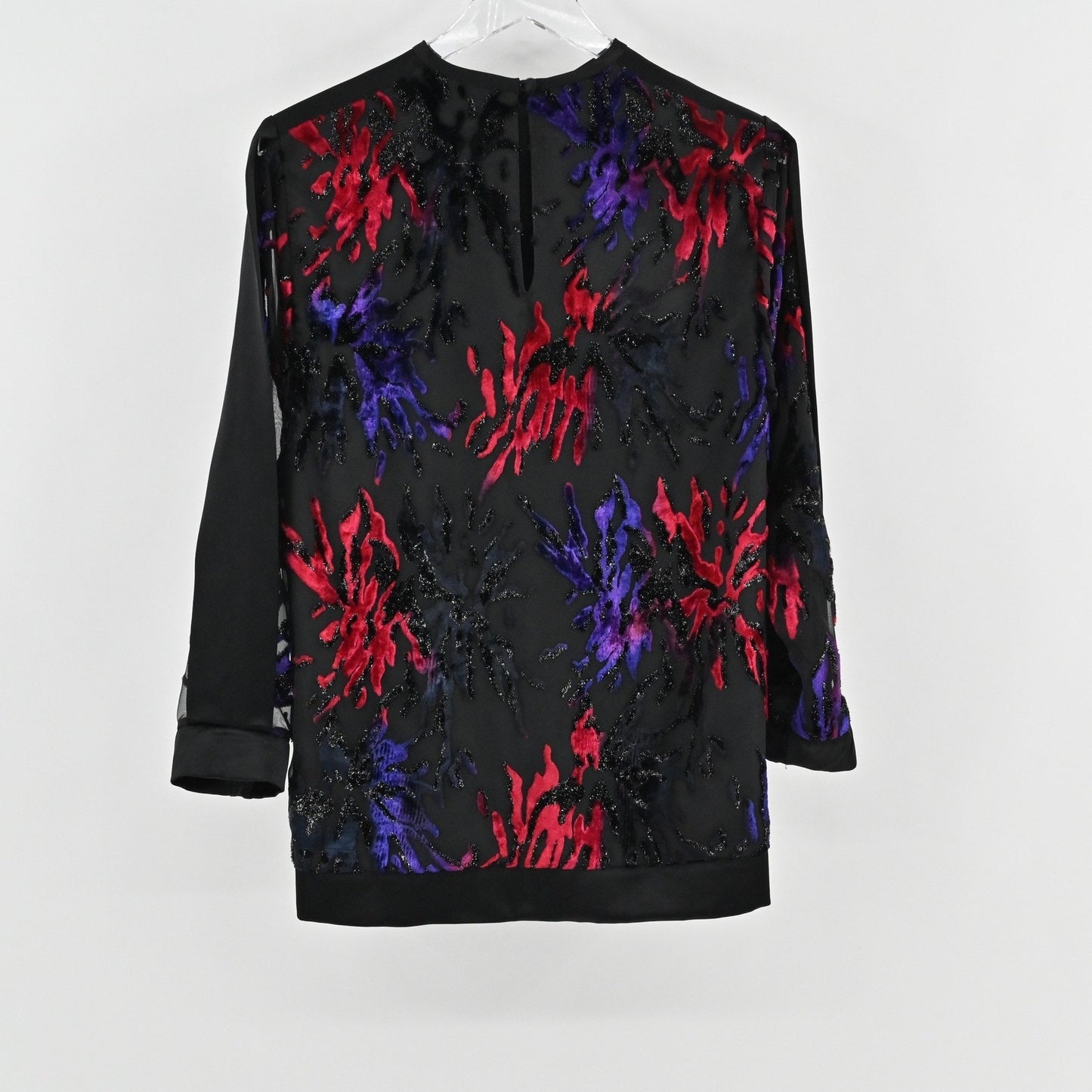 Vtg 80 Velvet Burnout Top Size 10 Dramatic Dopamine Retro Glam Red Purple Sheer