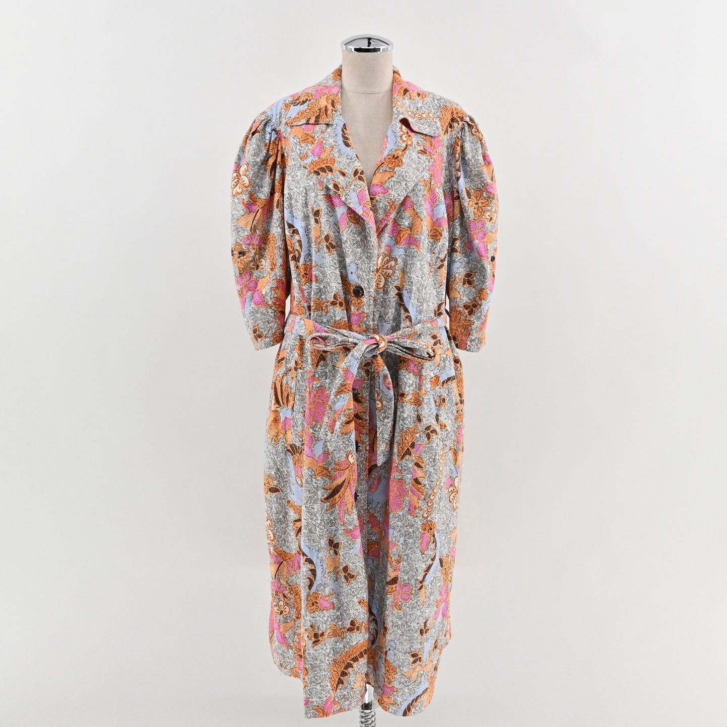 INC Floral Print Belted Midi Dress Size XXL Linen Paisley Duster Lined Boho Puff