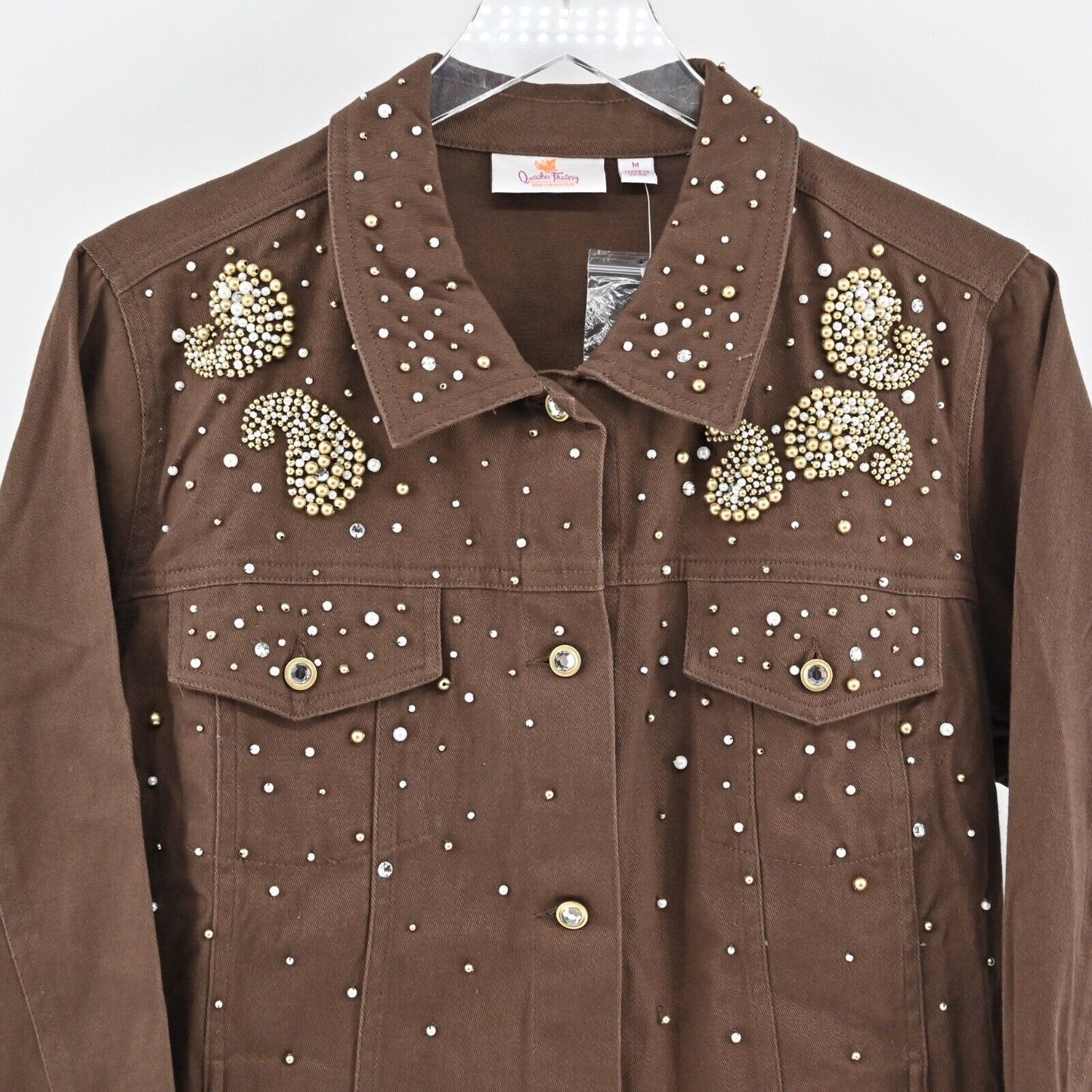 QUACKER FACTORY Denim Jacket Womens Sz M Brown Rhinestone Beaded Blinged Western