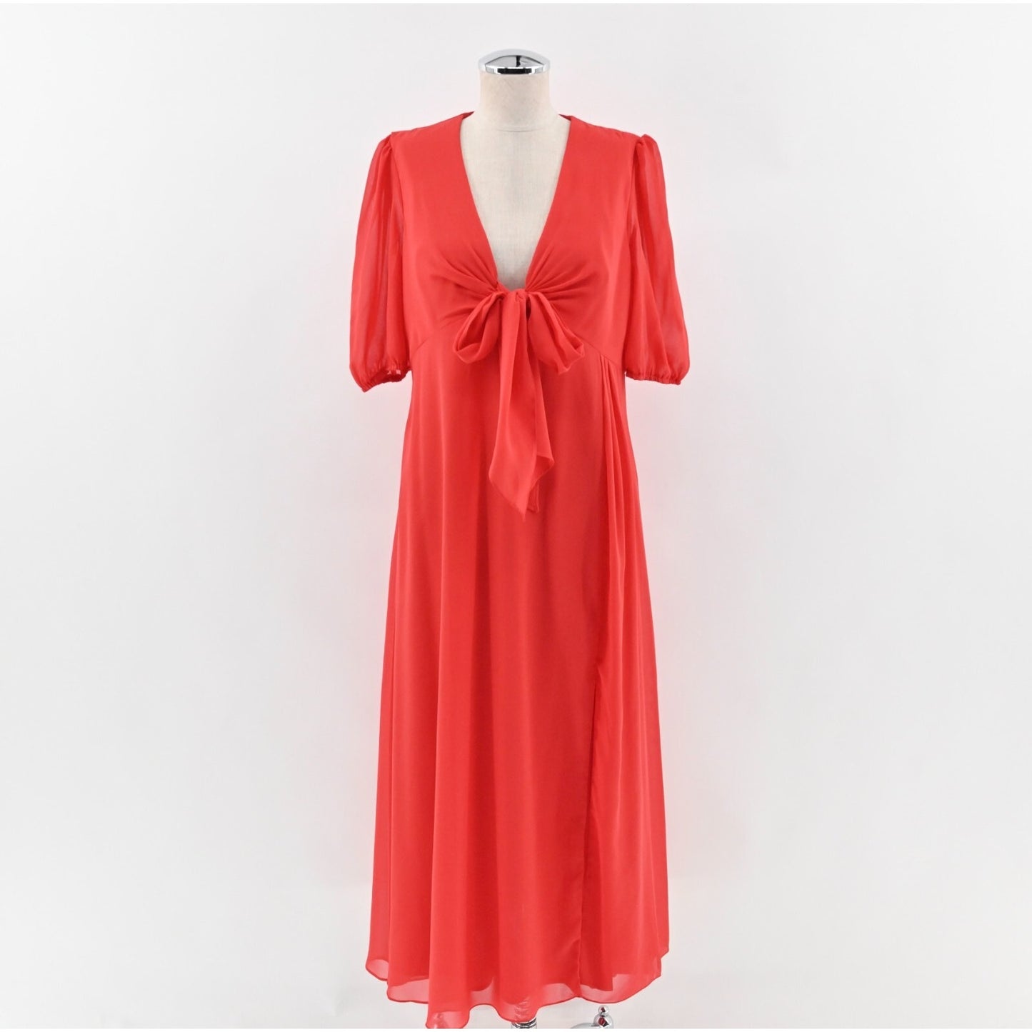 MAC DUGGAL Dress Sz 10 Ieena Chili Red Chiffon VNeck Bow Detail Flowy Midi 55627