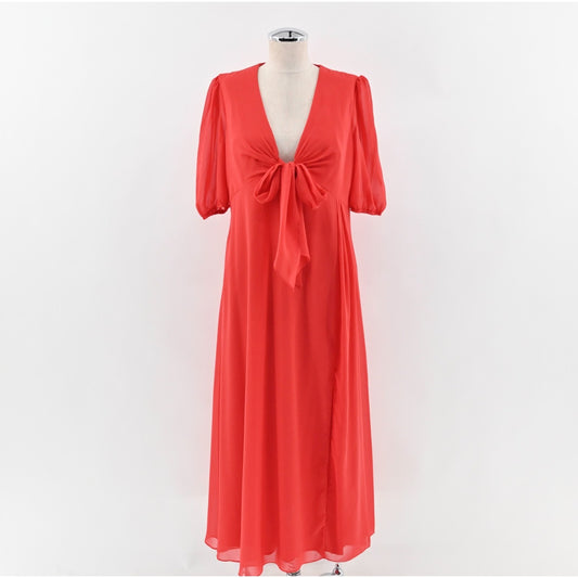 MAC DUGGAL Dress Sz 10 Ieena Chili Red Chiffon VNeck Bow Detail Flowy Midi 55627