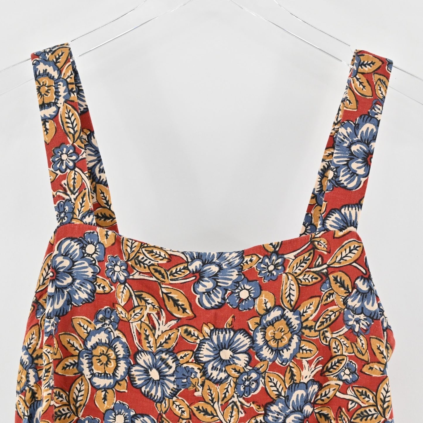 FAHERTY Womens Pacifica Floral Square Neck Top Size L Red Blue Linen Sleeveless