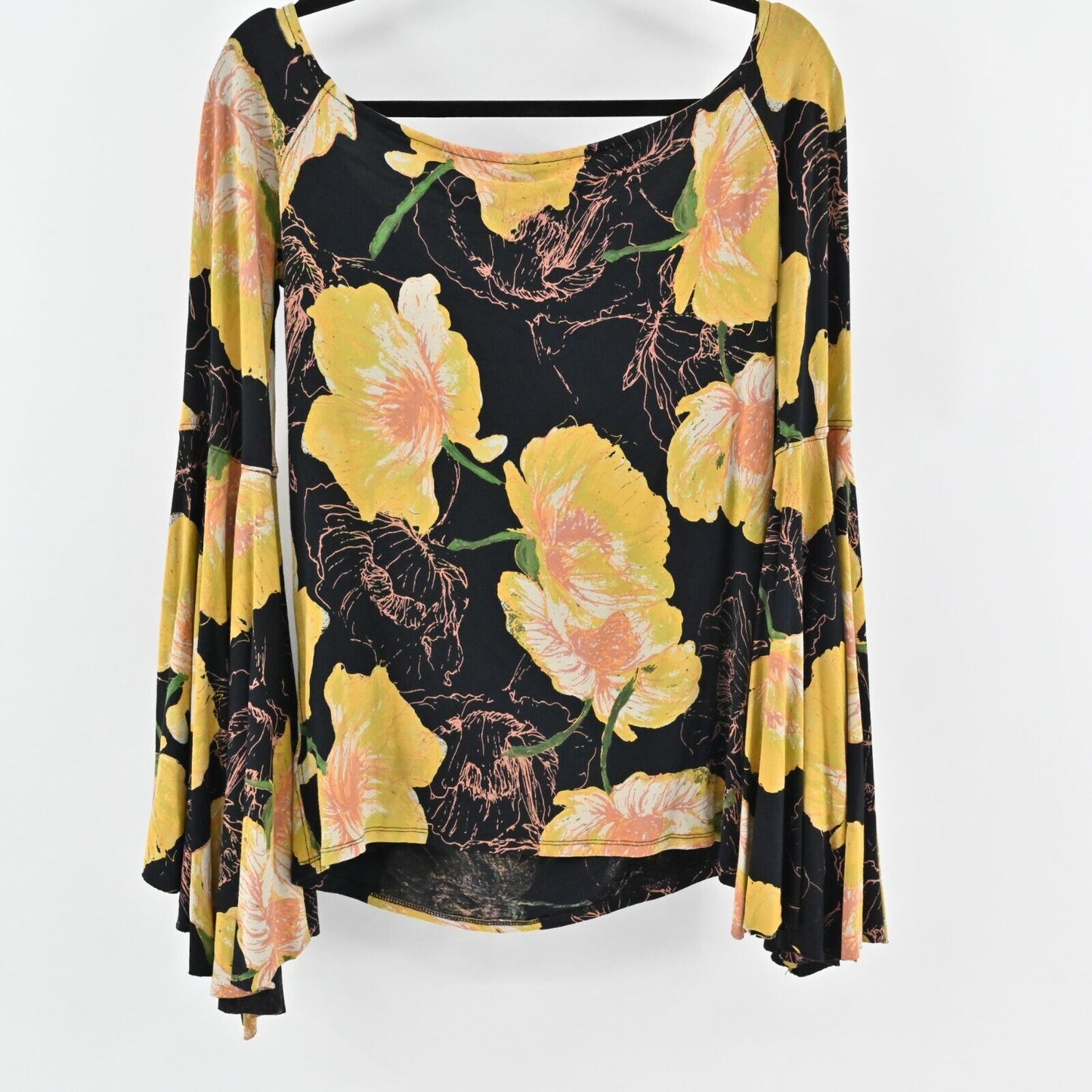 FREE PEOPLE Top Sz L Birds of Paradise Yellow Poppy Off The Shoulder Bell Sleeve