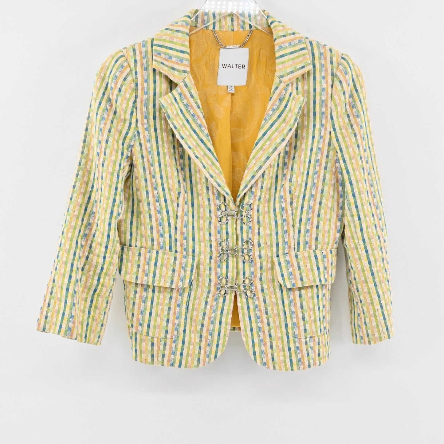 WALTER Womens Tweed Blazer Size 4 Cotton Frog Toggle Hook Single Breasted Jacket