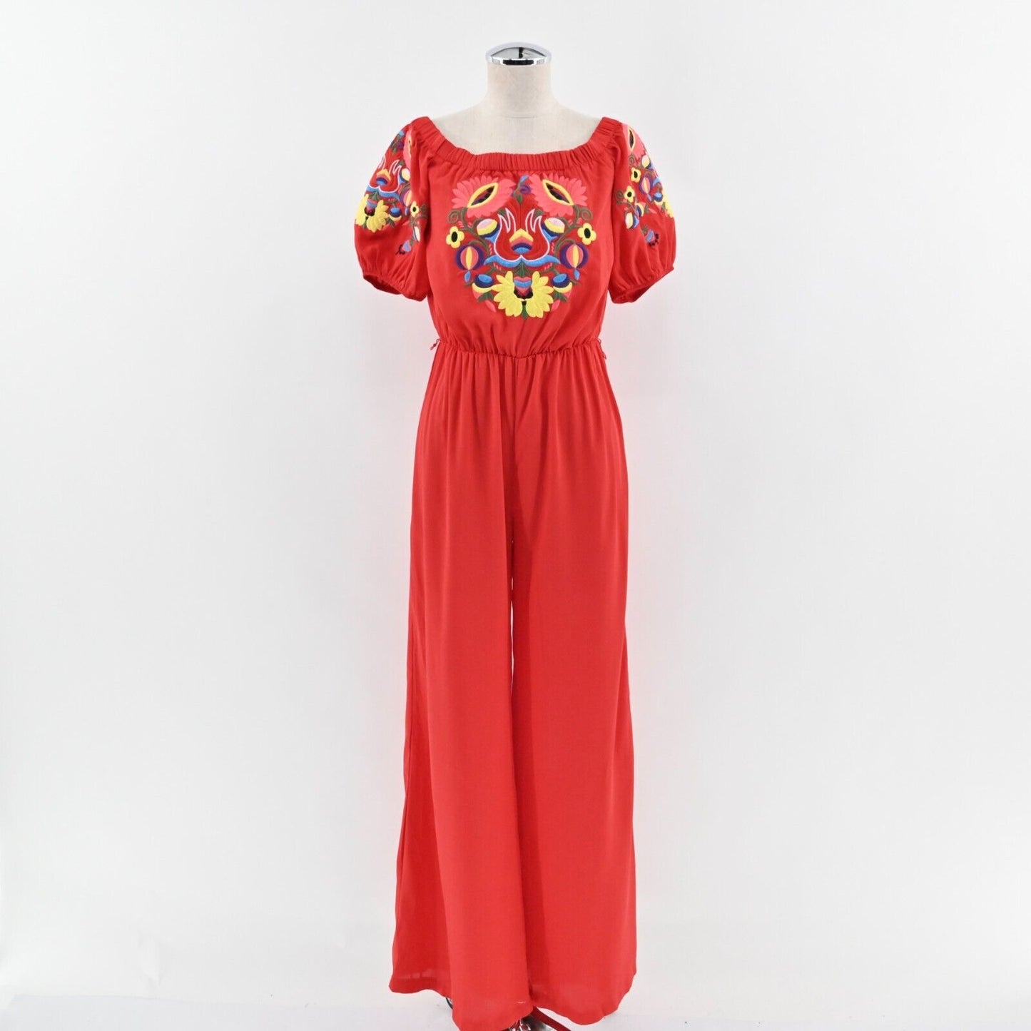 VAVA Jumpsuit Womens Size S Joy Han Red Wide Leg Off Shoulder Floral Embroidered