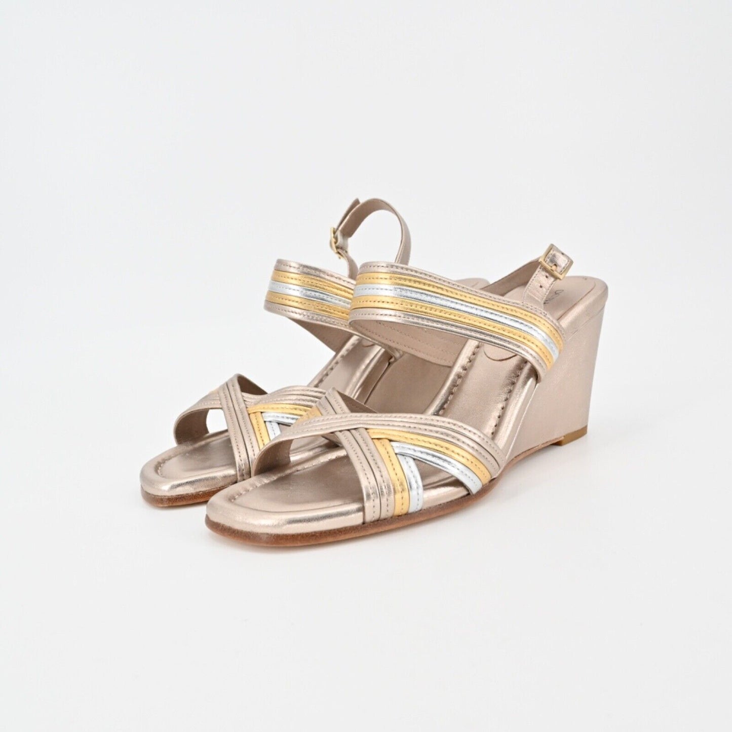 DONALD PLINER Sandals Womens Size 8 Mix Metallic Laine Wedge Leather Ankle Strap