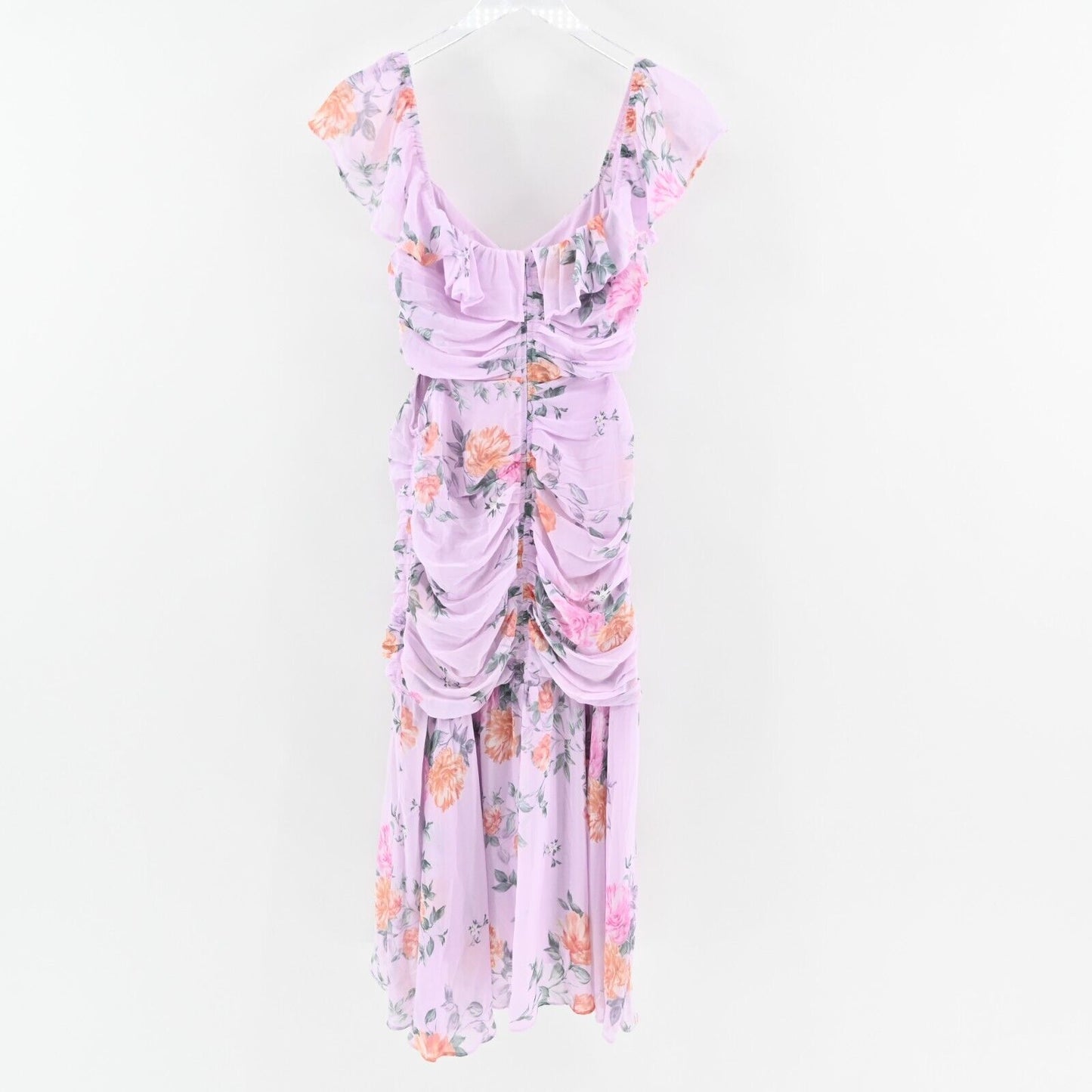 ASTR Dress Size M Devereaux Midi Cut Out Side Draped Pink Multi Floral Lavender