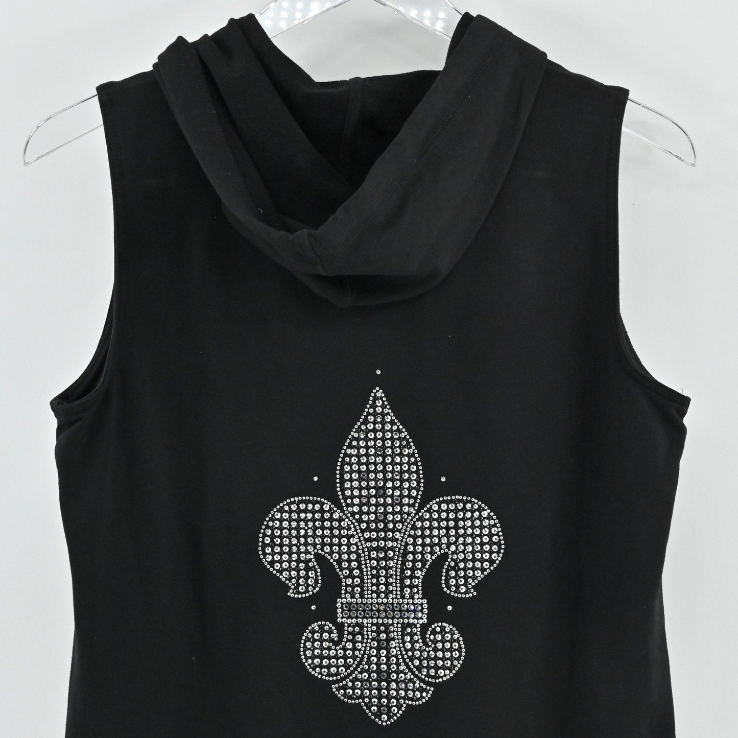 Vtg Christine Alexander Womens Rhinestone Hoodie Size M Fleur de Lis Sleeveless