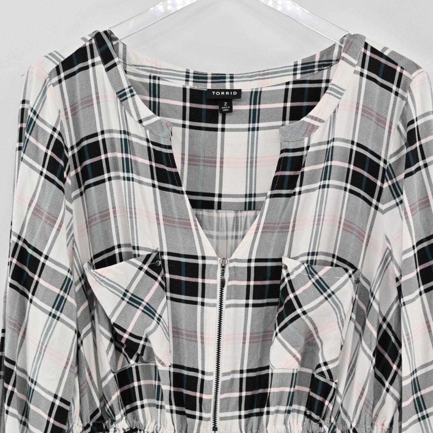 TORRID Dress Womens Size 2X White Plaid Shirt Challis Zip Front Drawstring Waist