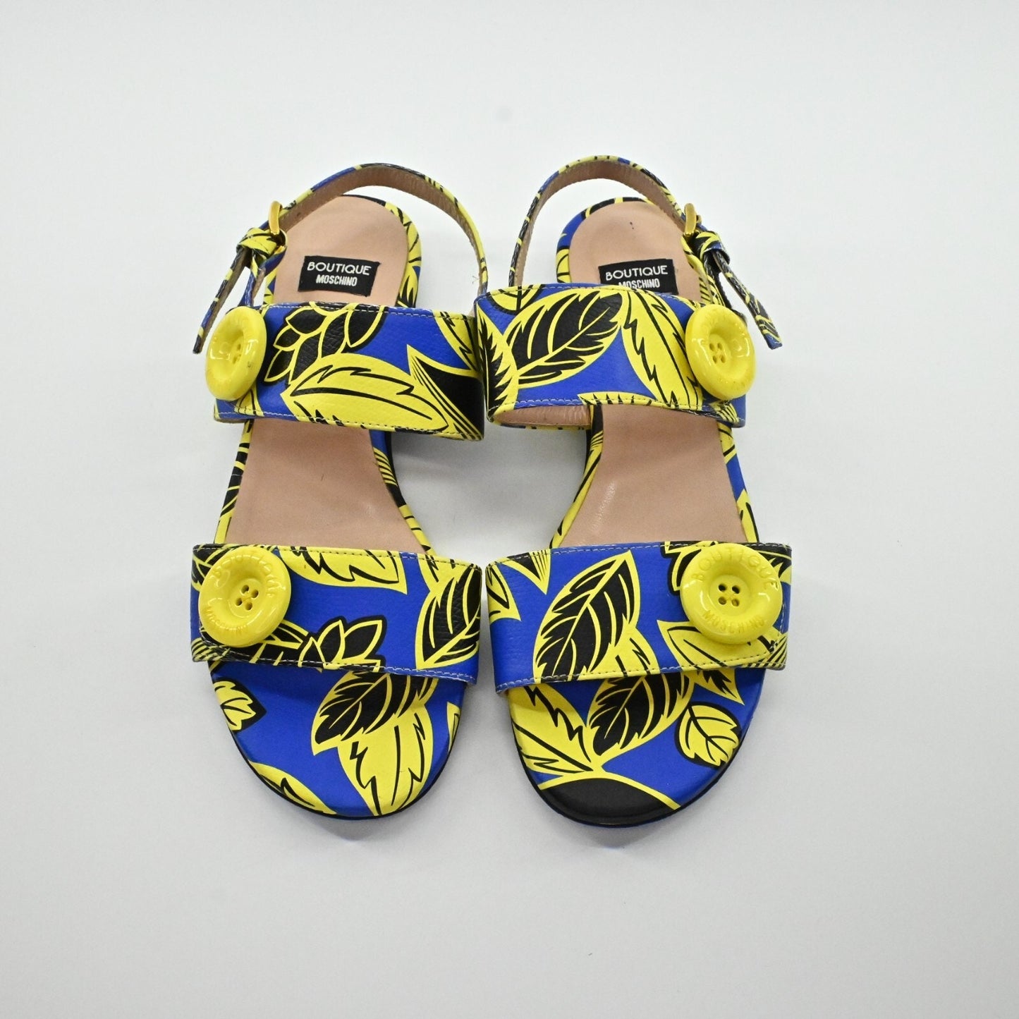 MOSCHINO Sandals Womens Size 35 Boutique Blue Yellow Leaf Print Strappy Shoe