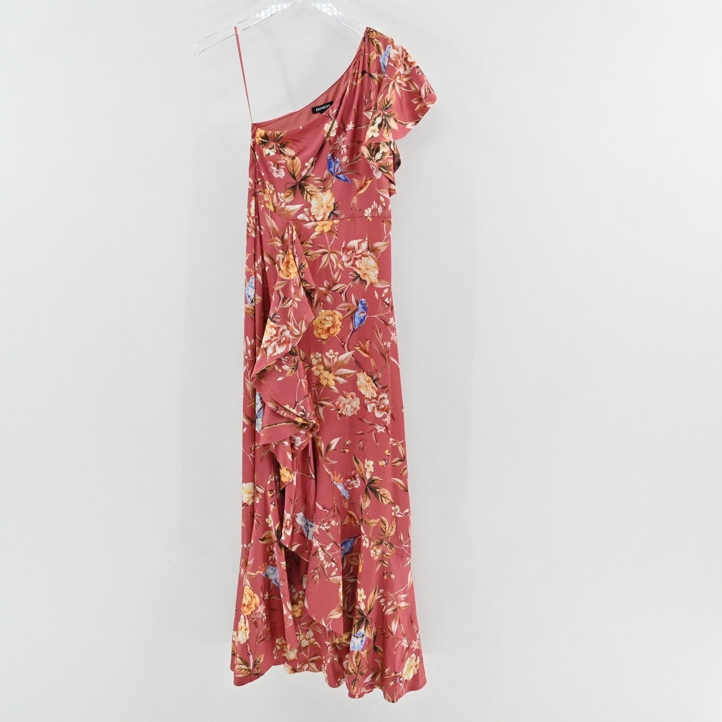 EXPRESS Floral Maxi Dress Size XS Romantic Whimsical One Shoulder Ruffle Elegant