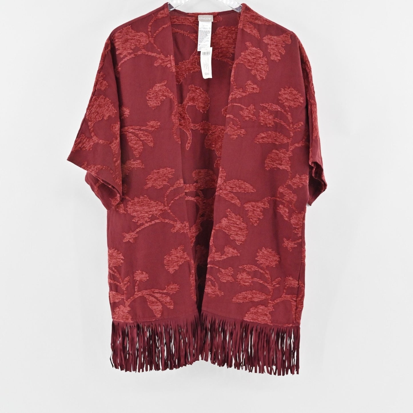 CHICOS Ruana Wrap Womens Size S/M Chenille Floral Jacquard Red Fringe Trim NEW