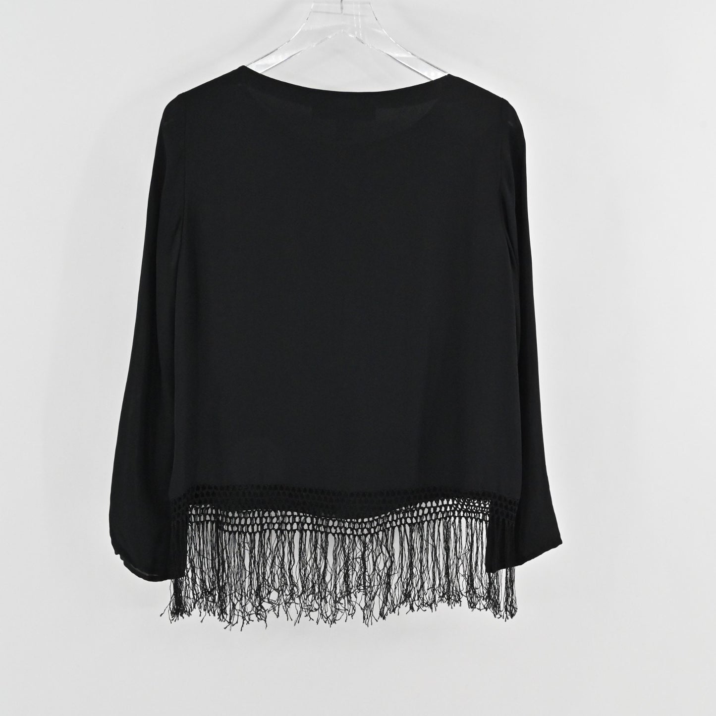 Josephine Chaus Womens Silk Top Size 8 Black Floral Embroidered Fringe Trim Boho