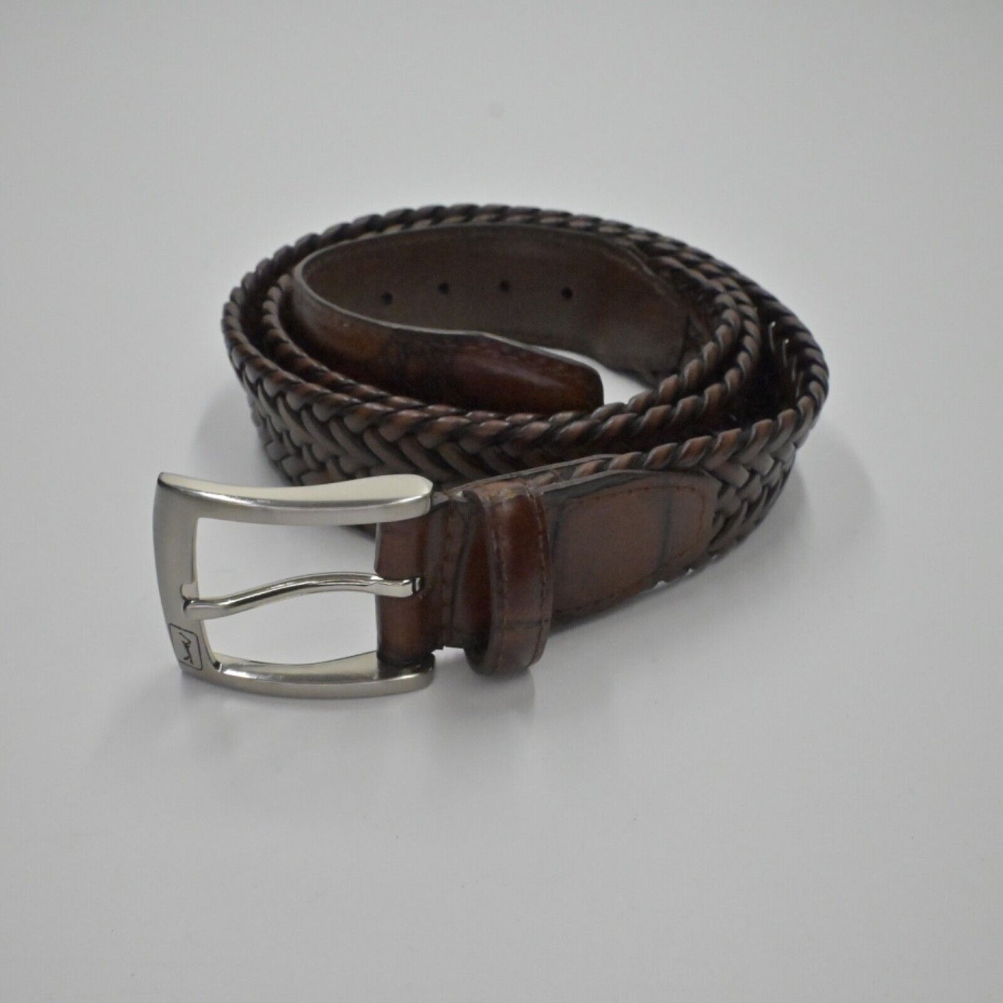Vtg PGA TOUR Belt Mens Sz 38 Brown Braided Top Grain Leather Silver Logo Buckle