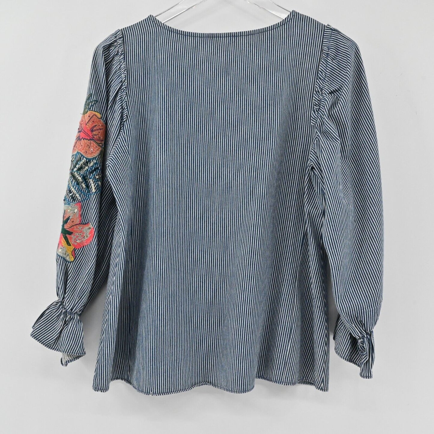ZARA Top Womens Size XS Blouse Floral Embroidered Stripe Balloon Sleeve Denim