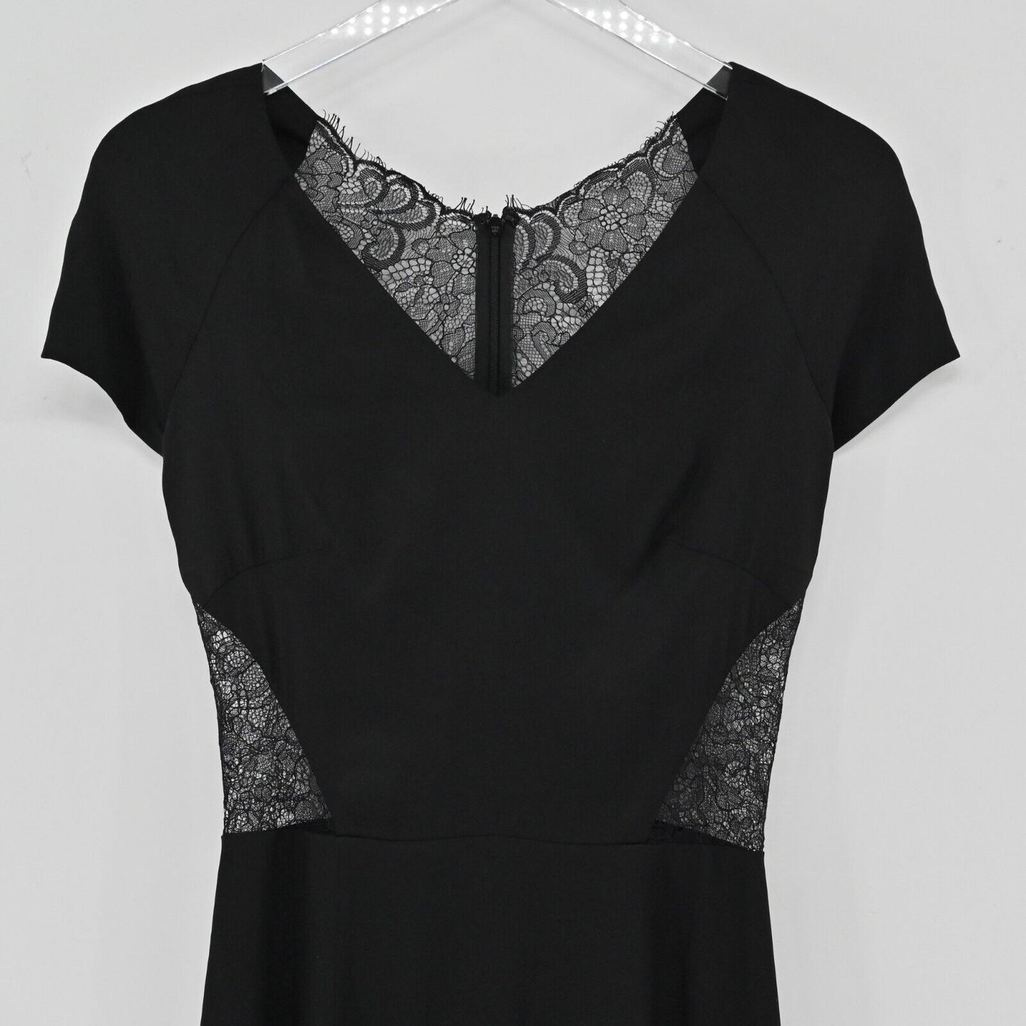 BARNEYS NEW YORK Dress Womens Sz 2 CO OP Black Short Sleeve VNeck Lace Back Silk