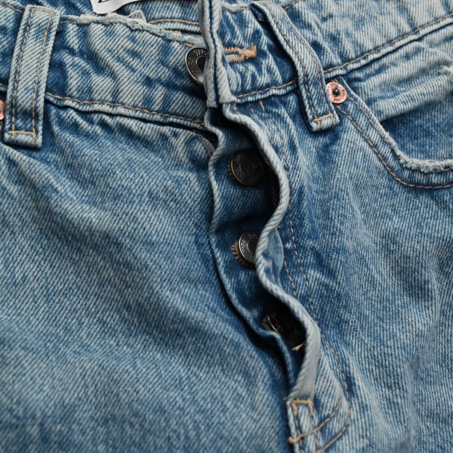 ZARA Womens Button Fly Jeans Size 4 Straight Leg Light Wash Distressed Mid Rise