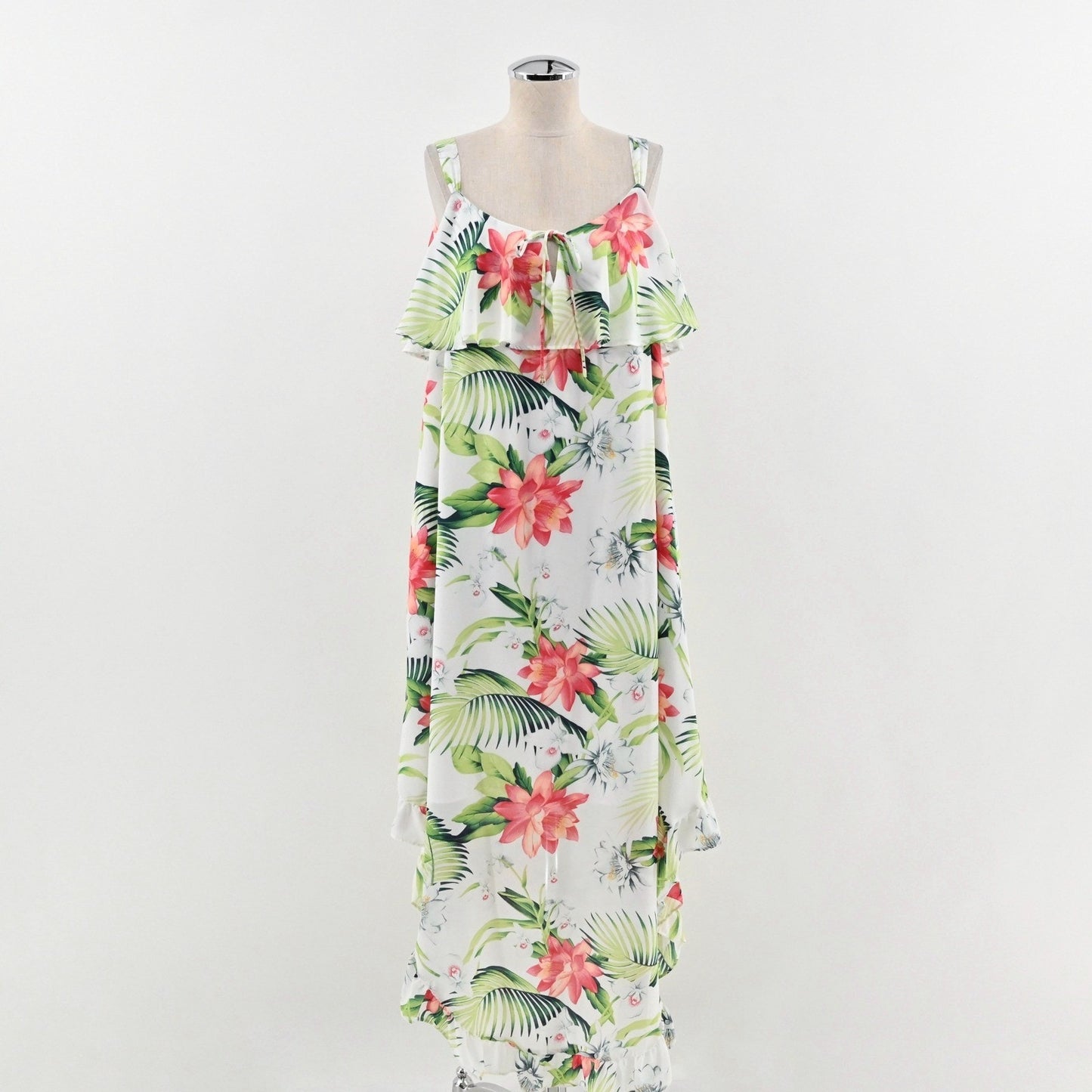 Tommy Bahama Maxi Dress L White Floral Tropical Ruffle High Low Vibrant Vacation