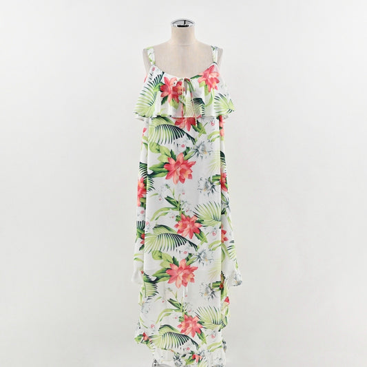 Tommy Bahama Maxi Dress L White Floral Tropical Ruffle High Low Vibrant Vacation