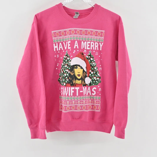Gildan Womens Pink Merry Swift-Mas Christmas Sweatshirt Size S Swiftie Crew Neck