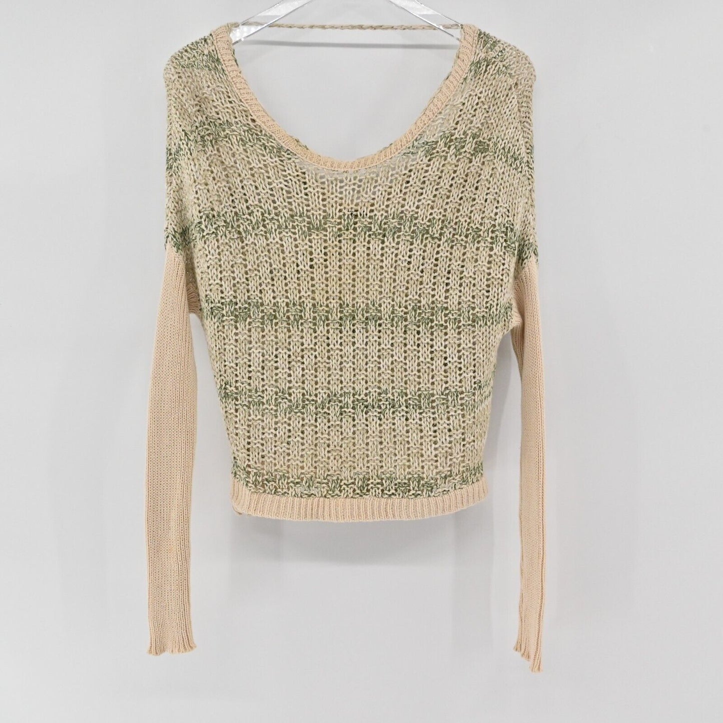 FREE PEOPLE Sweater Womens Size XS Long Sleeve Knit Beige Green Stripe Top Boho