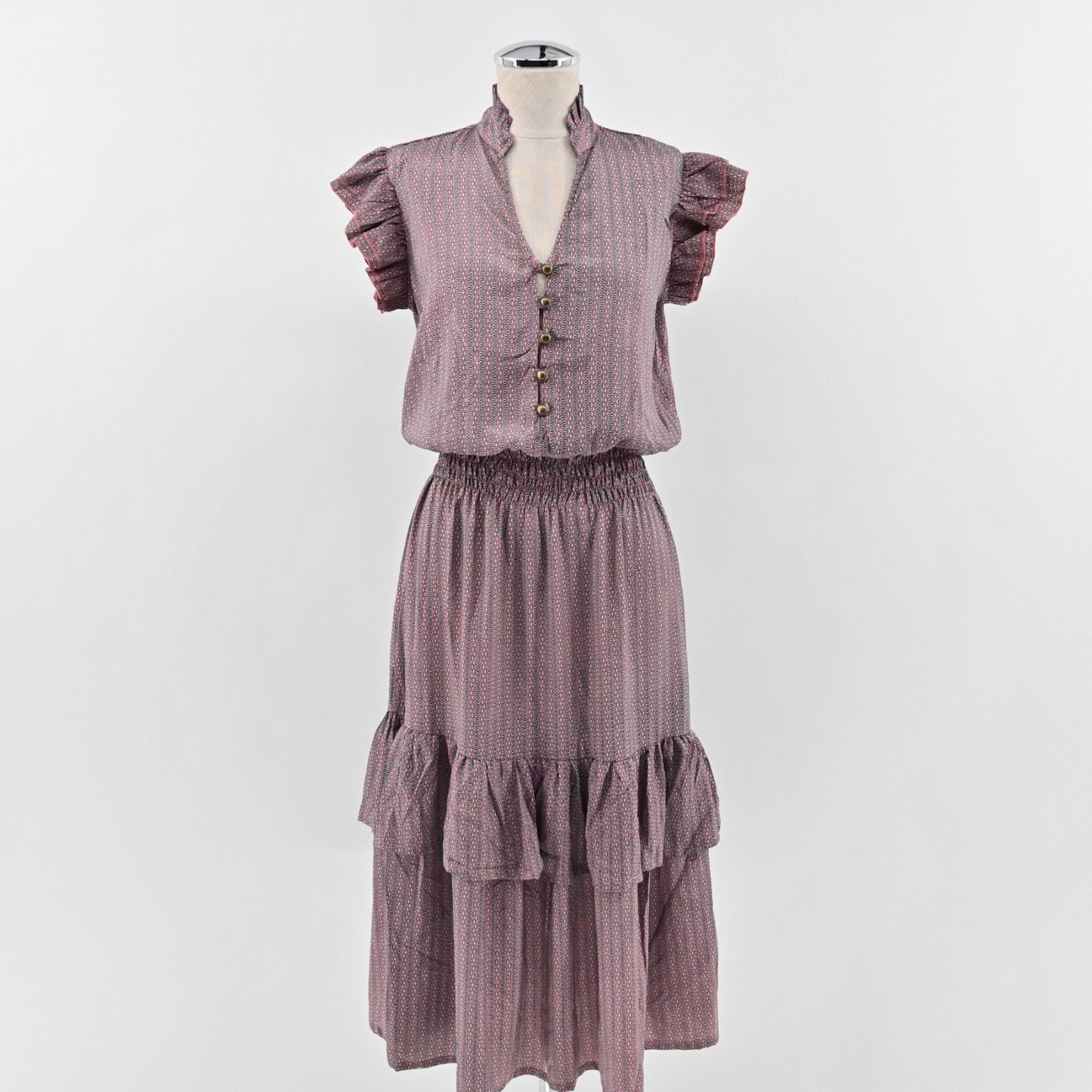 PERRY WALKER COLLECTIVE Cornelia Midi Dress Size M Pink Floral Silk Peasant Boho