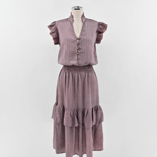 PERRY WALKER COLLECTIVE Cornelia Midi Dress Size M Pink Floral Silk Peasant Boho