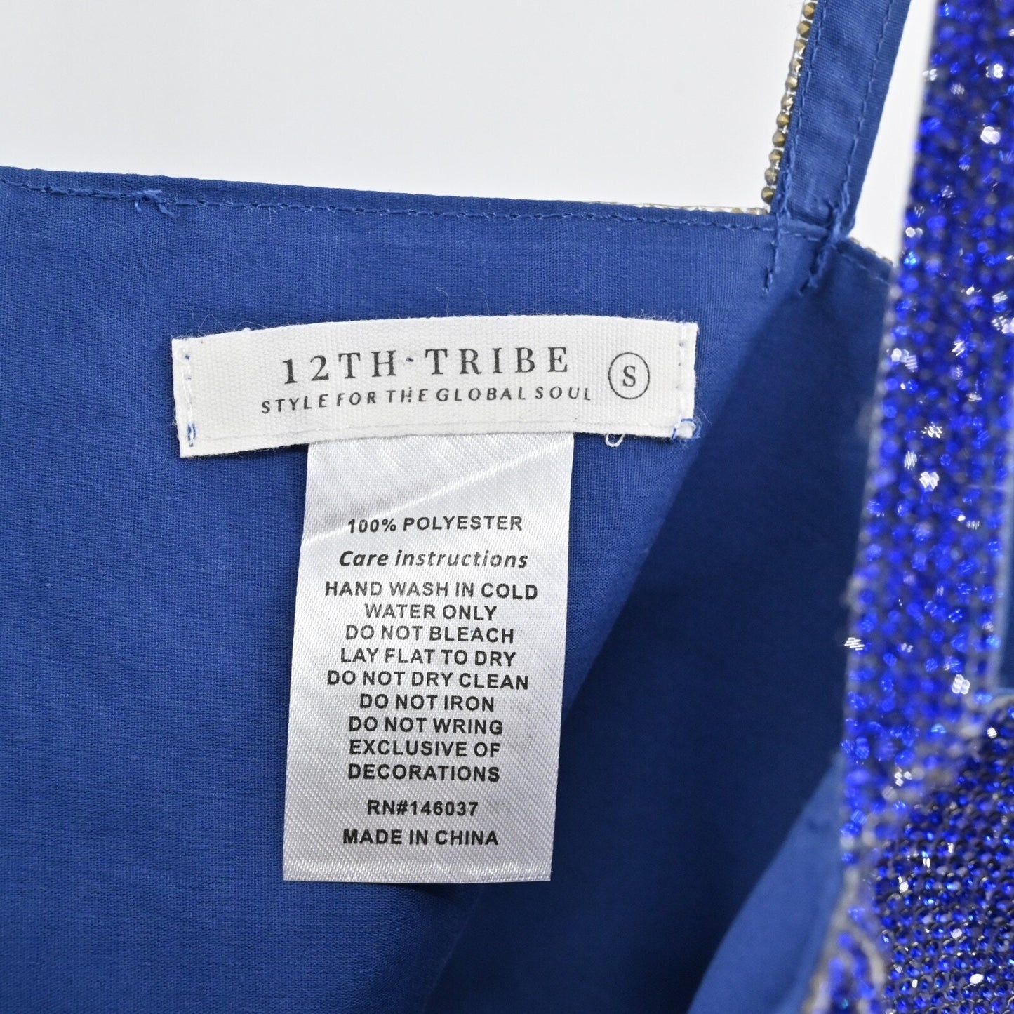 12TH TRIBE Womens Rhinestone Top Sz S Blue Square Neck Spaghetti Strap Crop Glam