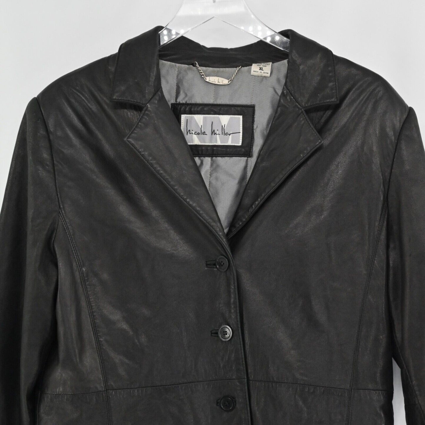Vtg NICOLE MILLER Leather Jacket Womens Size XL Black Button Front Grunge Y2k