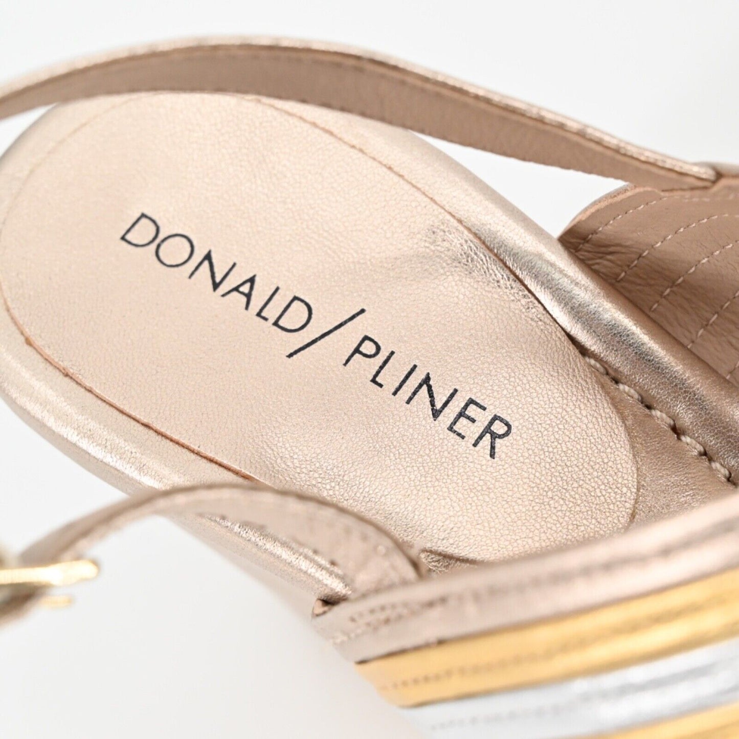 DONALD PLINER Sandals Womens Size 8 Mix Metallic Laine Wedge Leather Ankle Strap
