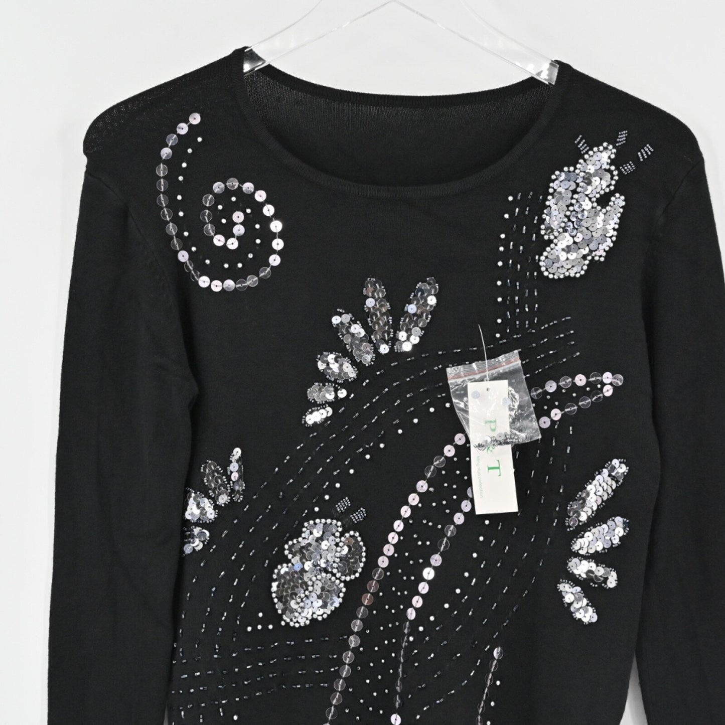 Vtg Y2k Sequin Floral Sweater Womens Size XS Black Knit Beaded Hippie Dead Stock