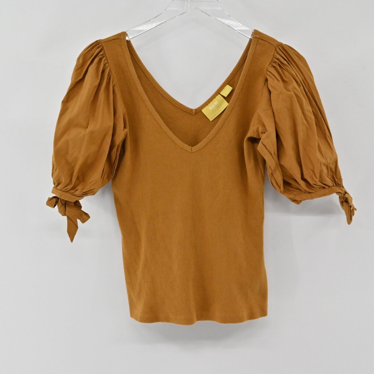 ANTHROPOLOGIE Top Womens Size XS Maeve Puff Sleeve Tie VNeck Mustard Blouse