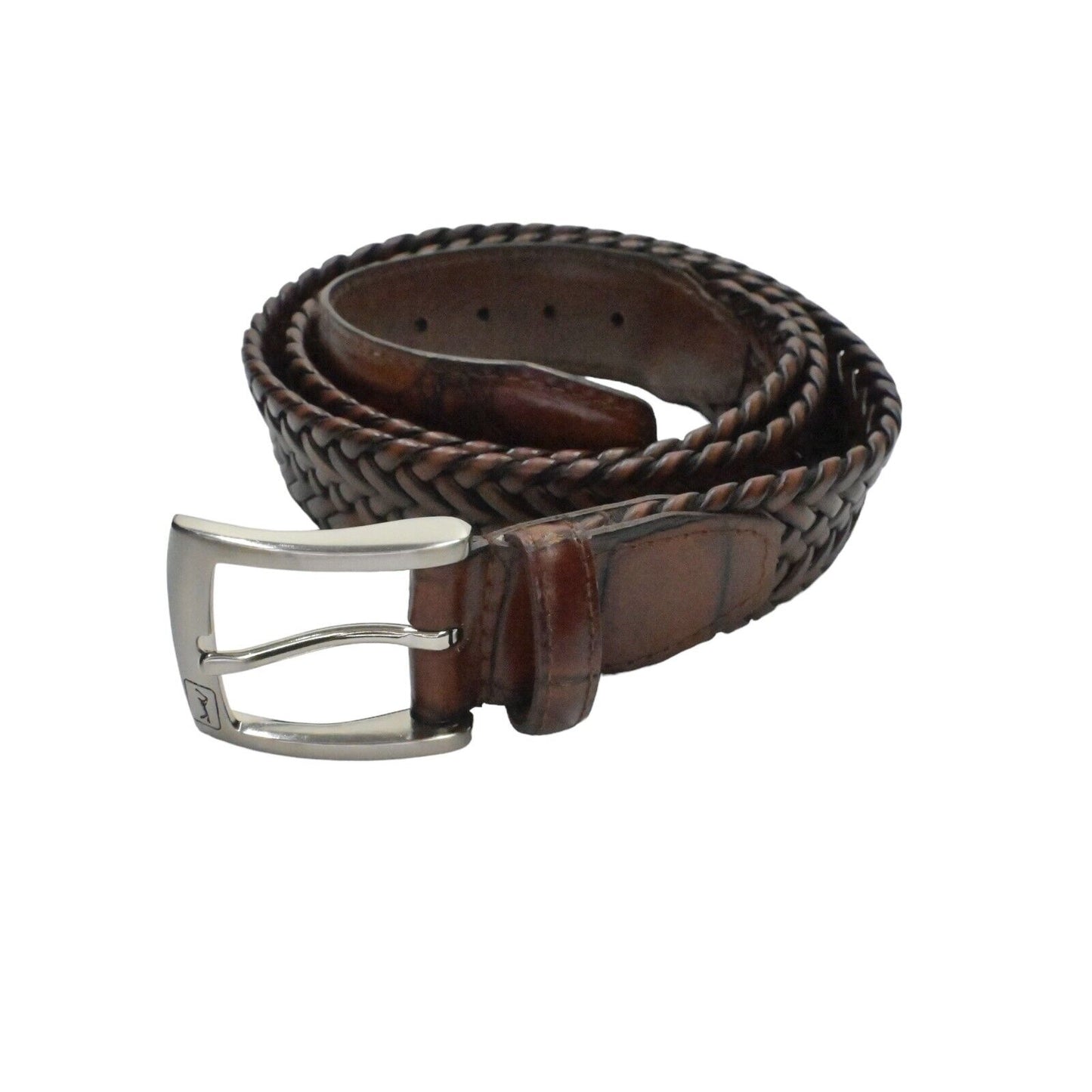 Vtg PGA TOUR Belt Mens Sz 38 Brown Braided Top Grain Leather Silver Logo Buckle