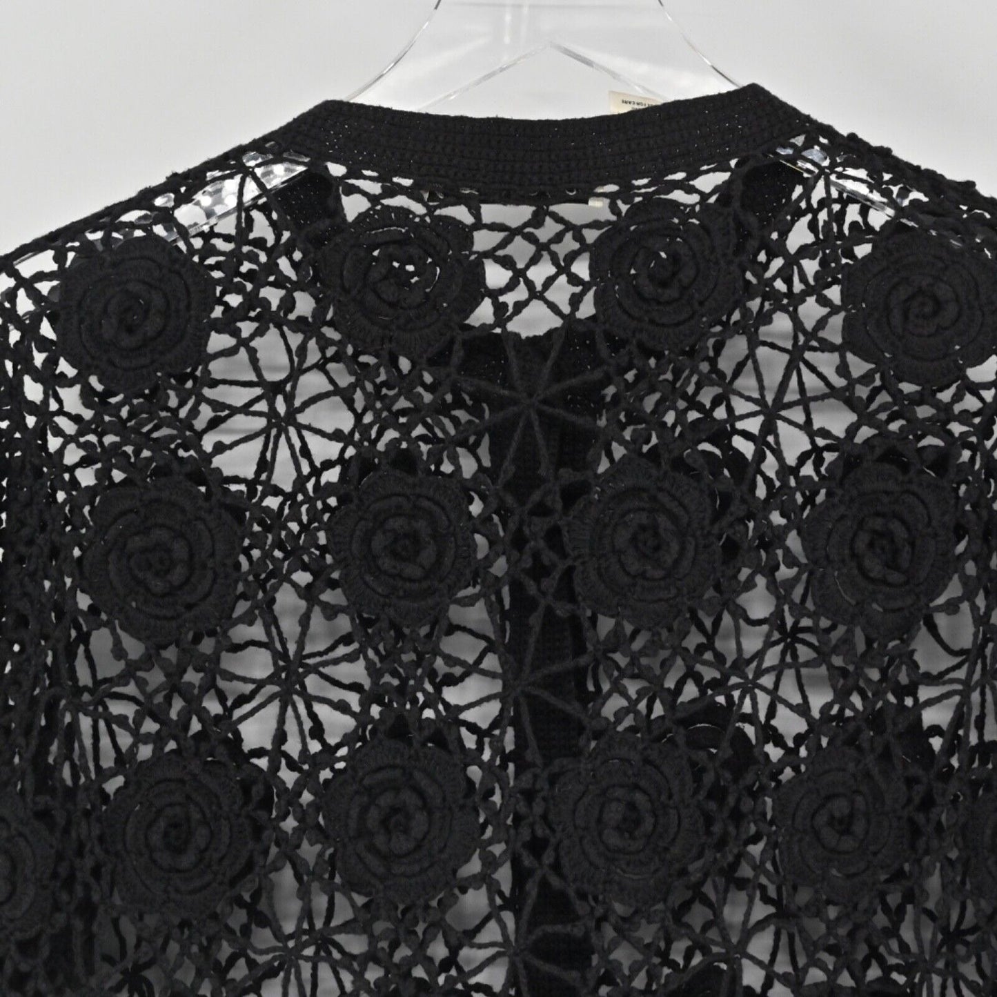 Vtg BODY ACTION DESIGN Cardigan Womens One Size Black Floral Crochet Cotton 90s